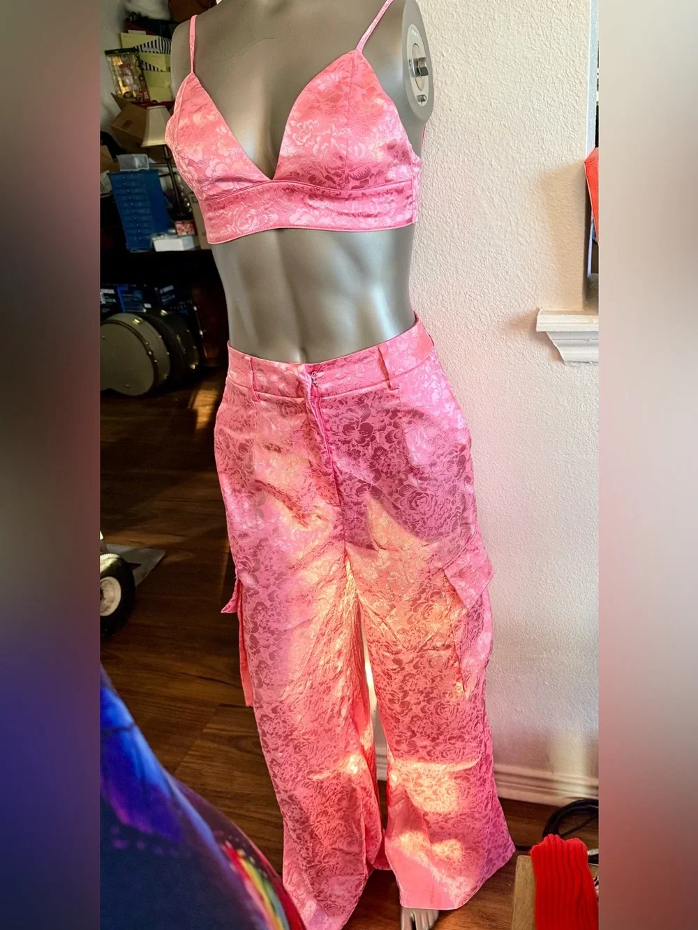 AKIRA Pink Lace Cargo Wide-Leg Pants set